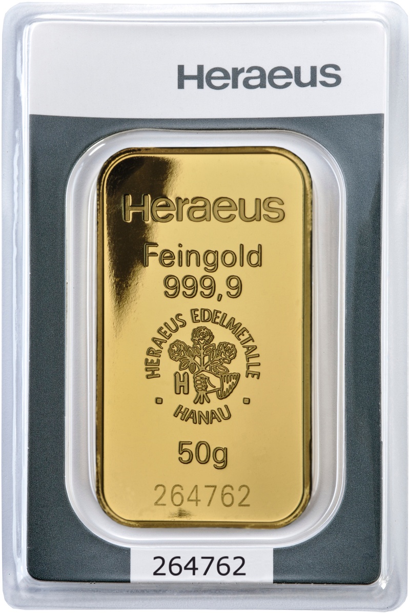 Heraeus lingotto d'Oro 50 Grammi